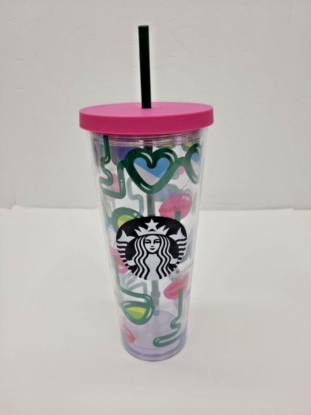 Starbucks Venti 24oz Cold Tumbler Crazy Straw Design Lips Hearts Sunglasses